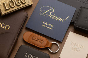 тиснення логотипу на шкіряних виробах і папері — приклади сліпого та фольгованого тиснення