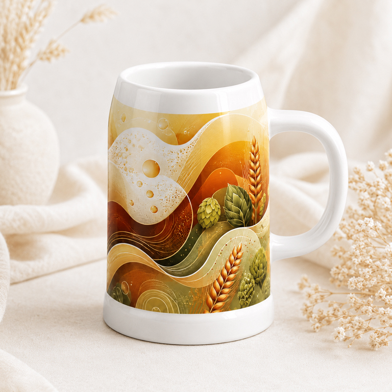Керамічний пивний келих для сублімації 500 мл «Діжка» з повнокольоровим абстрактним принтом