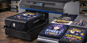 DTG-принтер друкує футболку та готові футболки з принтами поруч у майстерні