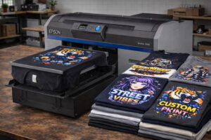DTG-принтер друкує футболку та готові футболки з принтами поруч у майстерні