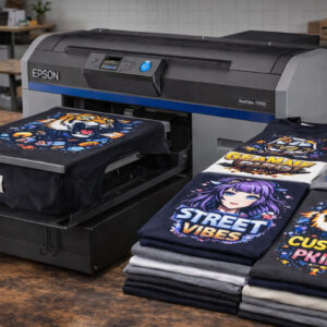 DTG-принтер друкує футболку та готові футболки з принтами поруч у майстерні