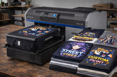 DTG-принтер друкує футболку та готові футболки з принтами поруч у майстерні