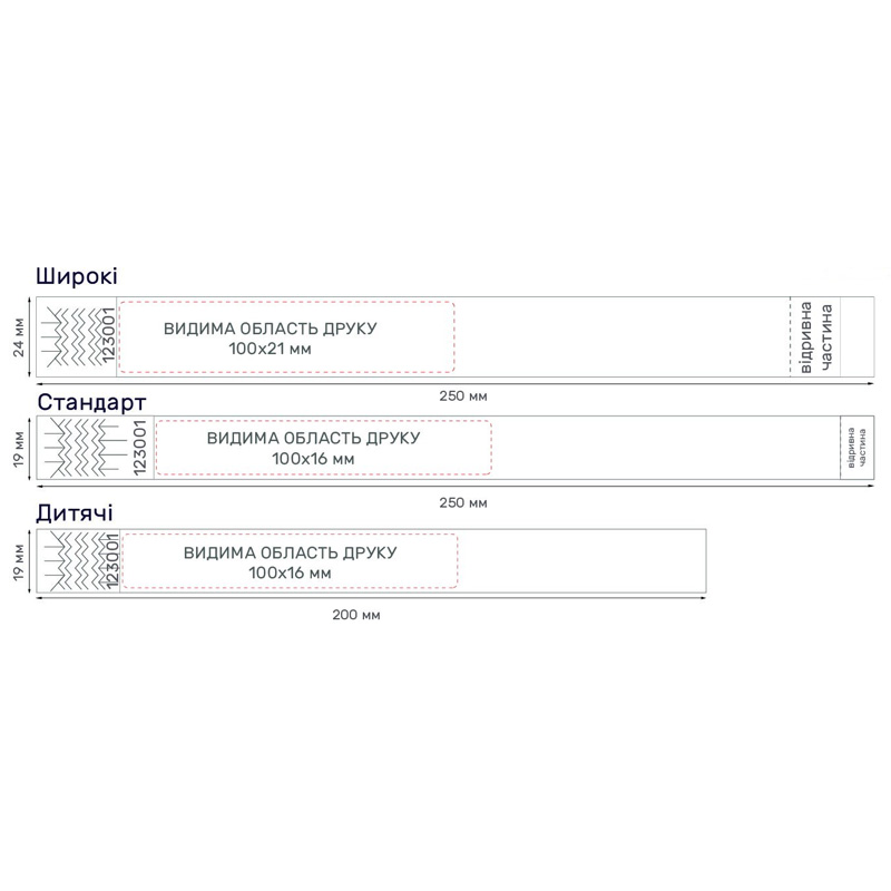 Контрольні браслети TYVEK з логотипом розміри