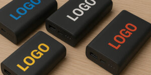 друк логотипу на павербанках — чорні павербанки з кольоровим нанесенням логотипу