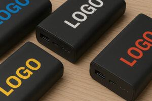 друк логотипу на павербанках — чорні павербанки з кольоровим нанесенням логотипу