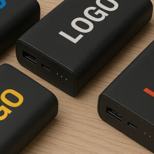 друк логотипу на павербанках — чорні павербанки з кольоровим нанесенням логотипу