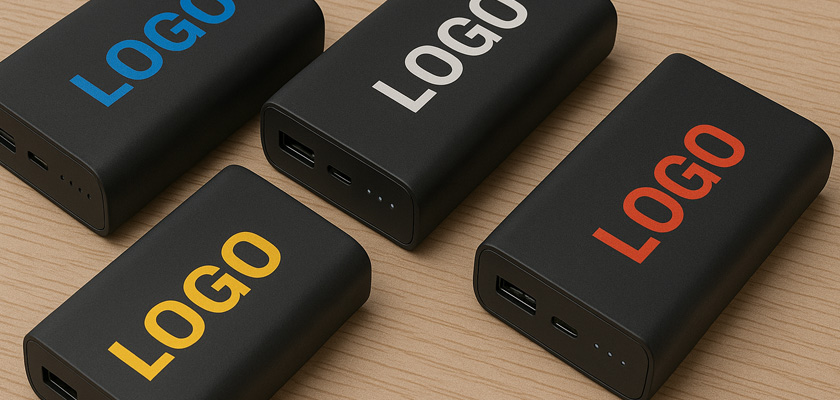 друк логотипу на павербанках — чорні павербанки з кольоровим нанесенням логотипу