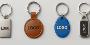 Друк логотипу на брелках різних типів — метал, шкіра та пластик з нанесенням логотипу