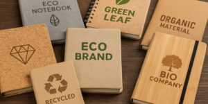 Друк логотипу на записниках з еко матеріалів — блокноти з картону, корка та дерева