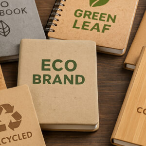 Друк логотипу на записниках з еко матеріалів — блокноти з картону, корка та дерева