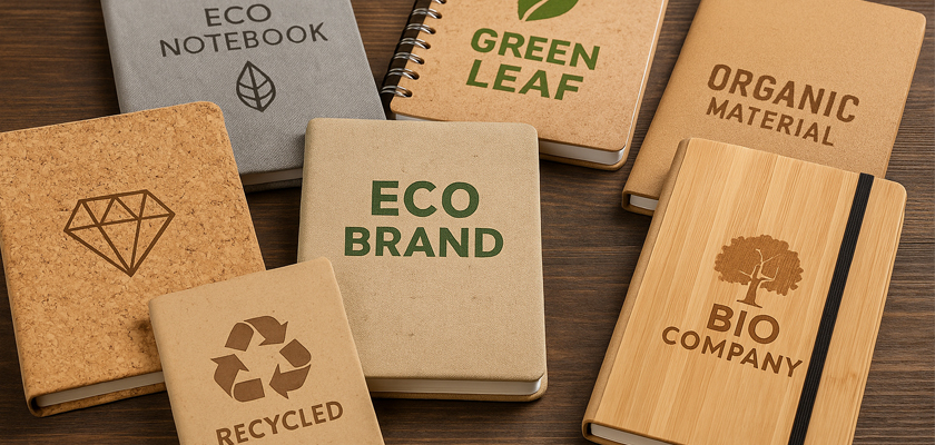Друк логотипу на записниках з еко матеріалів — блокноти з картону, корка та дерева