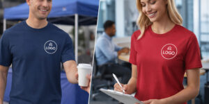 Футболки Premium Cotton 185 з логотипом — чоловік на промо-заході та жінка в офісі