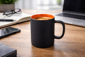 Горнятко керамічне Greamy ТМ Discover софт тач чорне з кольоровою внутрішньою поверхнею на робочому столі