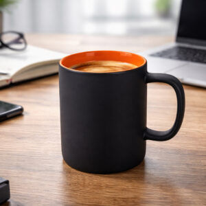 Горнятко керамічне Greamy ТМ Discover софт тач чорне з кольоровою внутрішньою поверхнею на робочому столі