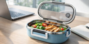 Ланч бокс Break TM Discover з прозорою кришкою на офісному столі з їжею всередині