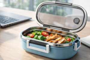 Ланч бокс Break TM Discover з прозорою кришкою на офісному столі з їжею всередині