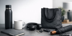 Мінімалістичний корпоративний мерч без логотипу: термочашка, блокнот, шопер та аксесуари в стриманому дизайні