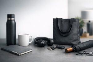 Мінімалістичний корпоративний мерч без логотипу: термочашка, блокнот, шопер та аксесуари в стриманому дизайні