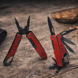 Мультитул Hank TM Discover червоно-чорний з відкритими інструментами на дерев’яній поверхні