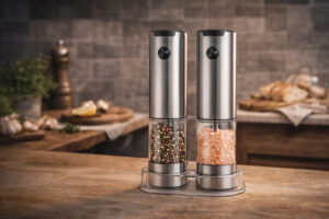 Електричні млини для солі та перцю Picante2 на кухонній стільниці в інтер’єрі