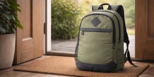 Рюкзак для ноутбука Argo TM Discover оливкового кольору біля входу в будинок