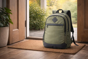 Рюкзак для ноутбука Argo TM Discover оливкового кольору біля входу в будинок