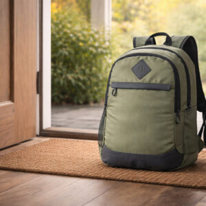 Рюкзак для ноутбука Argo TM Discover оливкового кольору біля входу в будинок