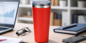 Термокружка Alaska TM Discover червона на робочому столі в офісі