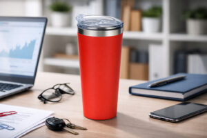 Термокружка Alaska TM Discover червона на робочому столі в офісі