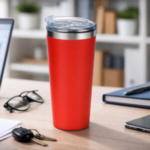 Термокружка Alaska TM Discover червона на робочому столі в офісі