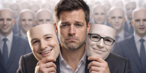 Голос бренду проти tone of voice: людина з масками серед однакових фігур