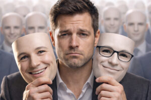 Голос бренду проти tone of voice: людина з масками серед однакових фігур