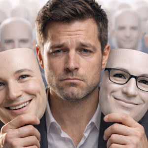 Голос бренду проти tone of voice: людина з масками серед однакових фігур