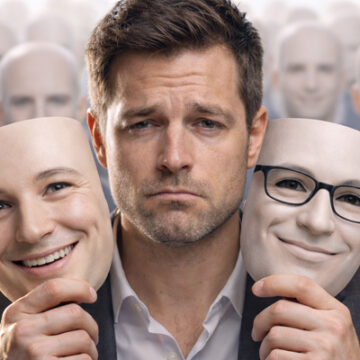 Голос бренду проти tone of voice: людина з масками серед однакових фігур