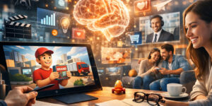 Візуальний сторітелінг у маркетингу: людина працює з планшетом із анімованим брендом, поруч візуалізація мозку та цифрові елементи, що символізують довіру, емоції та запам’ятовування