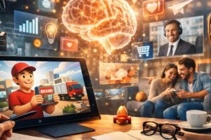 Візуальний сторітелінг у маркетингу: людина працює з планшетом із анімованим брендом, поруч візуалізація мозку та цифрові елементи, що символізують довіру, емоції та запам’ятовування