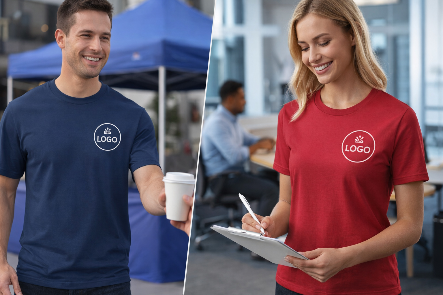 Футболки Premium Cotton 185 з логотипом — чоловік на промо-заході та жінка в офісі