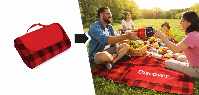 Килимок Picnic TM Discover з логотипом у використанні на пікніку з людьми на природі