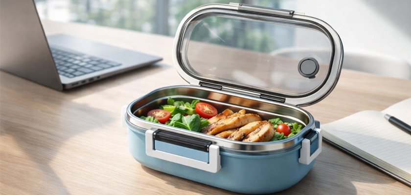 Ланч бокс Break TM Discover з прозорою кришкою на офісному столі з їжею всередині