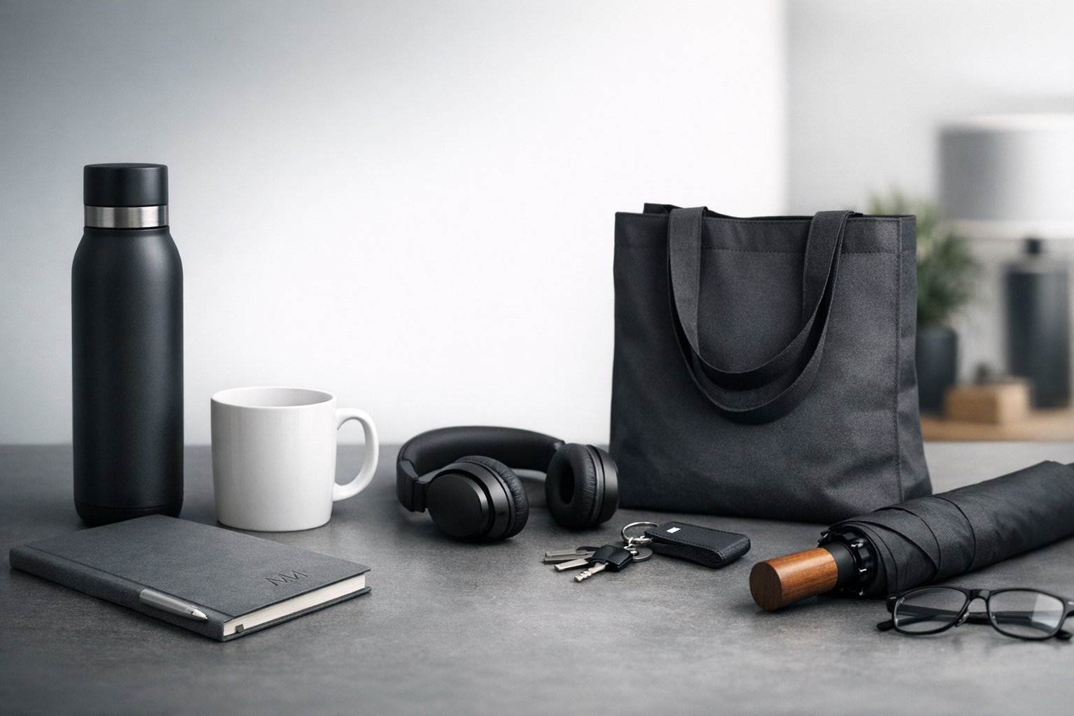 Мінімалістичний корпоративний мерч без логотипу: термочашка, блокнот, шопер та аксесуари в стриманому дизайні