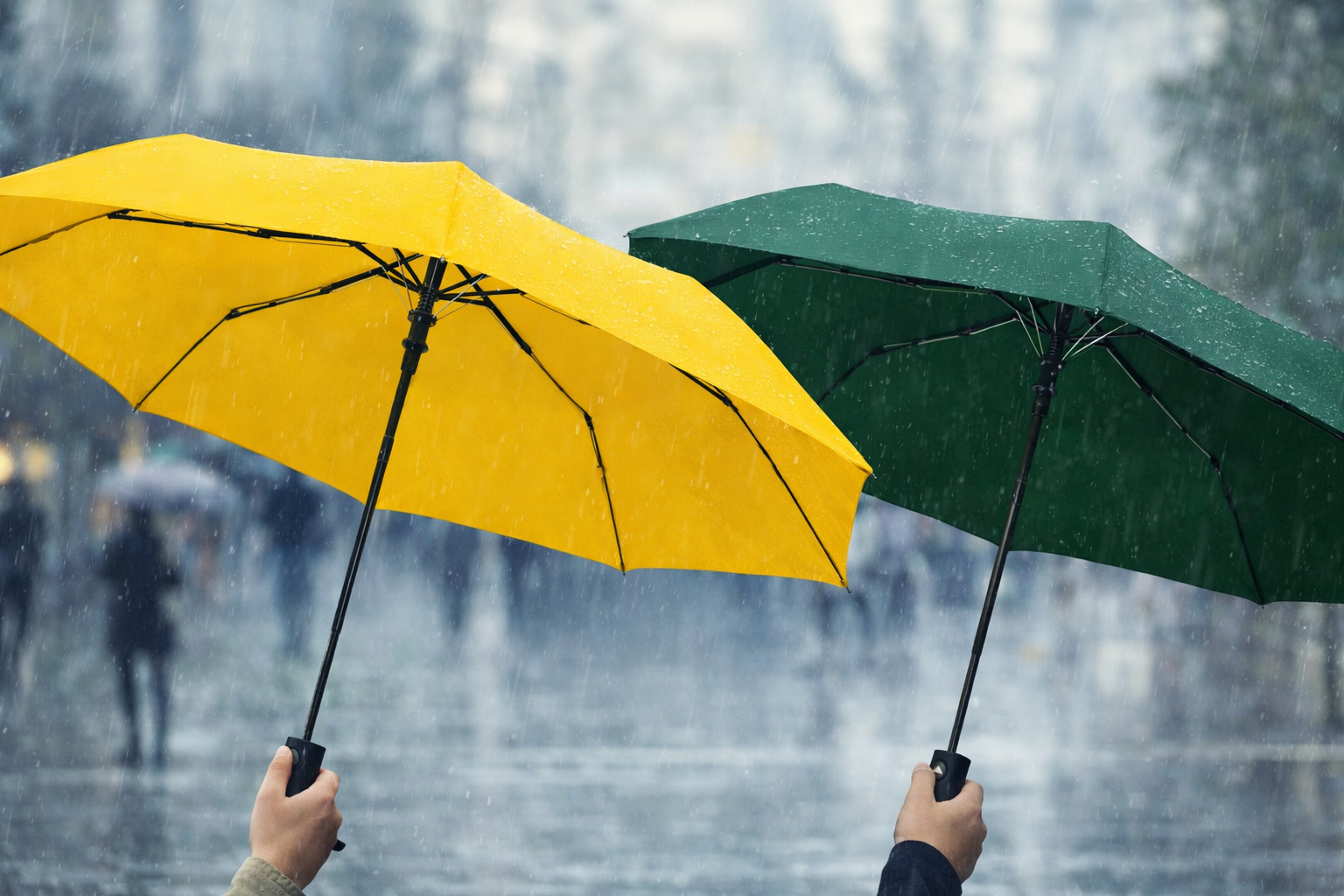 Парасоля складна Lido TM Discover жовта та зелена під дощем у місті