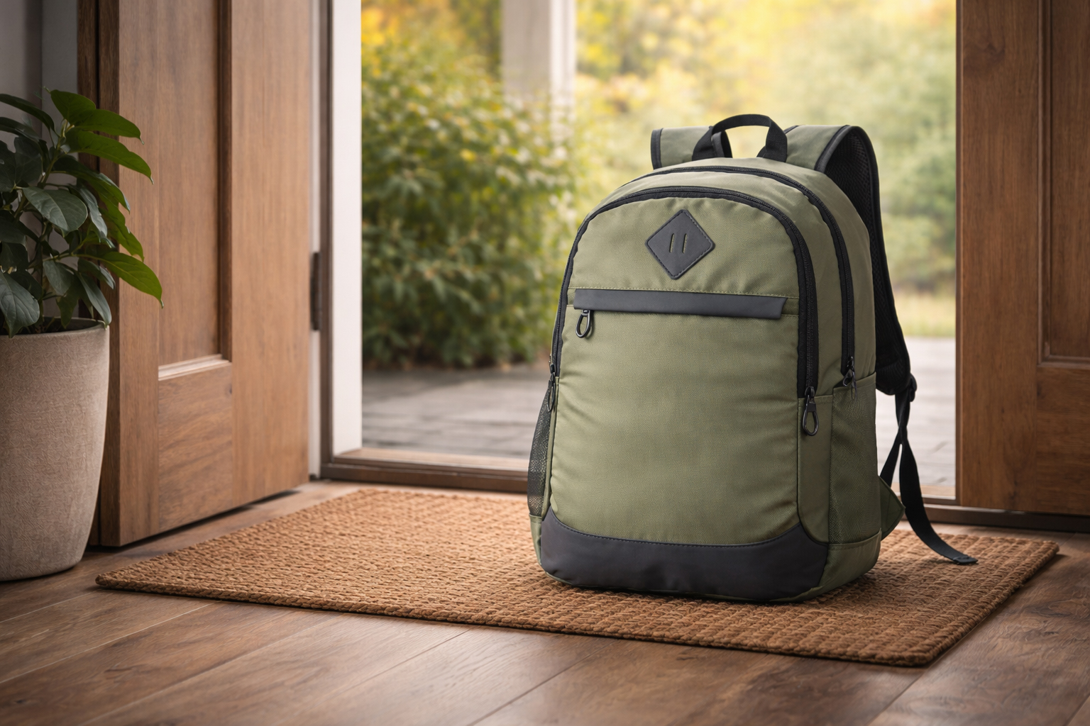 Рюкзак для ноутбука Argo TM Discover оливкового кольору біля входу в будинок