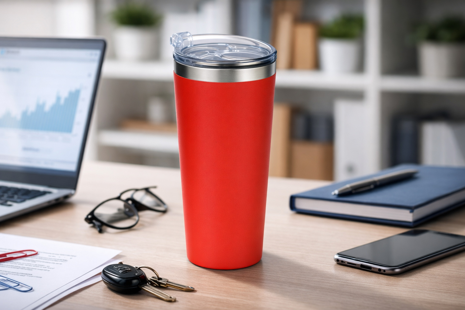 Термокружка Alaska TM Discover червона на робочому столі в офісі