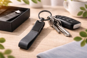брелок для ключів Amulet TM Discover з металу та еко-шкіри з ключами на столі