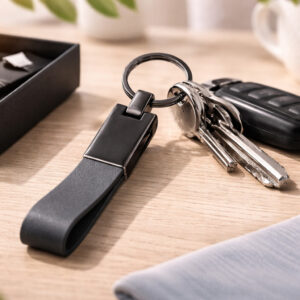 брелок для ключів Amulet TM Discover з металу та еко-шкіри з ключами на столі