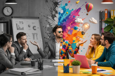 Чому B2B-маркетинг не повинен бути серйозним — креативна команда обговорює нестандартні маркетингові ідеї в офісі