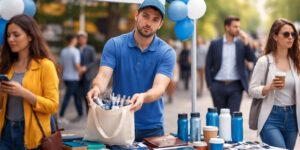 чому клієнти не беруть сувенір — люди проходять повз промоутера з безкоштовною сувенірною продукцією