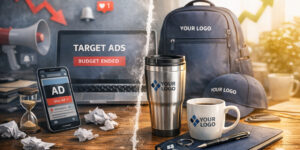 Порівняння таргетованої реклами та сувенірної продукції з логотипом — смартфон і ноутбук з рекламою проти брендованих речей на столі