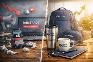 Порівняння таргетованої реклами та сувенірної продукції з логотипом — смартфон і ноутбук з рекламою проти брендованих речей на столі