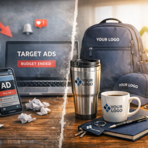 Порівняння таргетованої реклами та сувенірної продукції з логотипом — смартфон і ноутбук з рекламою проти брендованих речей на столі